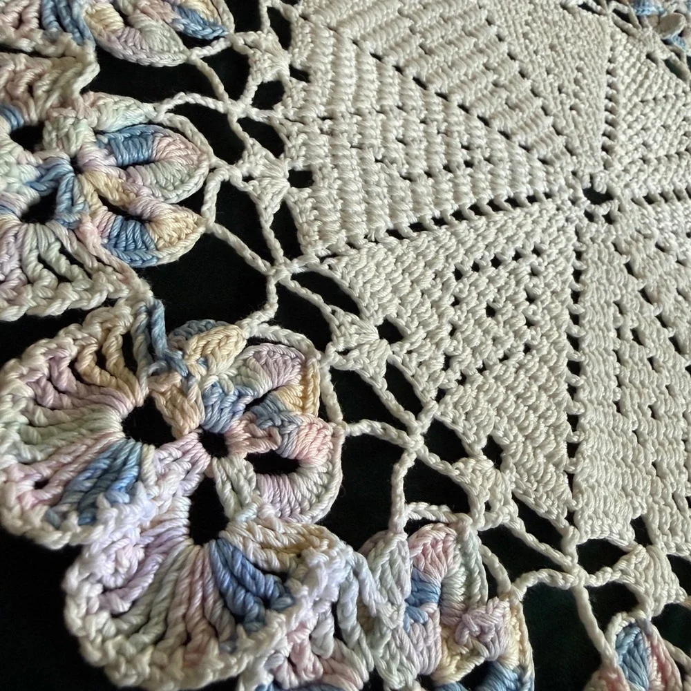 Vintage Crochet Doily Set 4pc Round Lace Variegated Purple Orange Blue Pastel